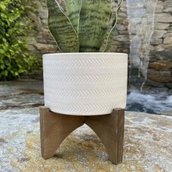 Flora Bunda 5 in. Matte White Arrow Ceramic Plant Pot on Wood Stand Mid-Century Planter -US Flora Bunda Sales 2022 matte white flora bunda plant pots ct872e mtwh 4f 1000