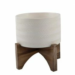 Flora Bunda 5 in. Matte White Arrow Ceramic Plant Pot on Wood Stand Mid-Century Planter