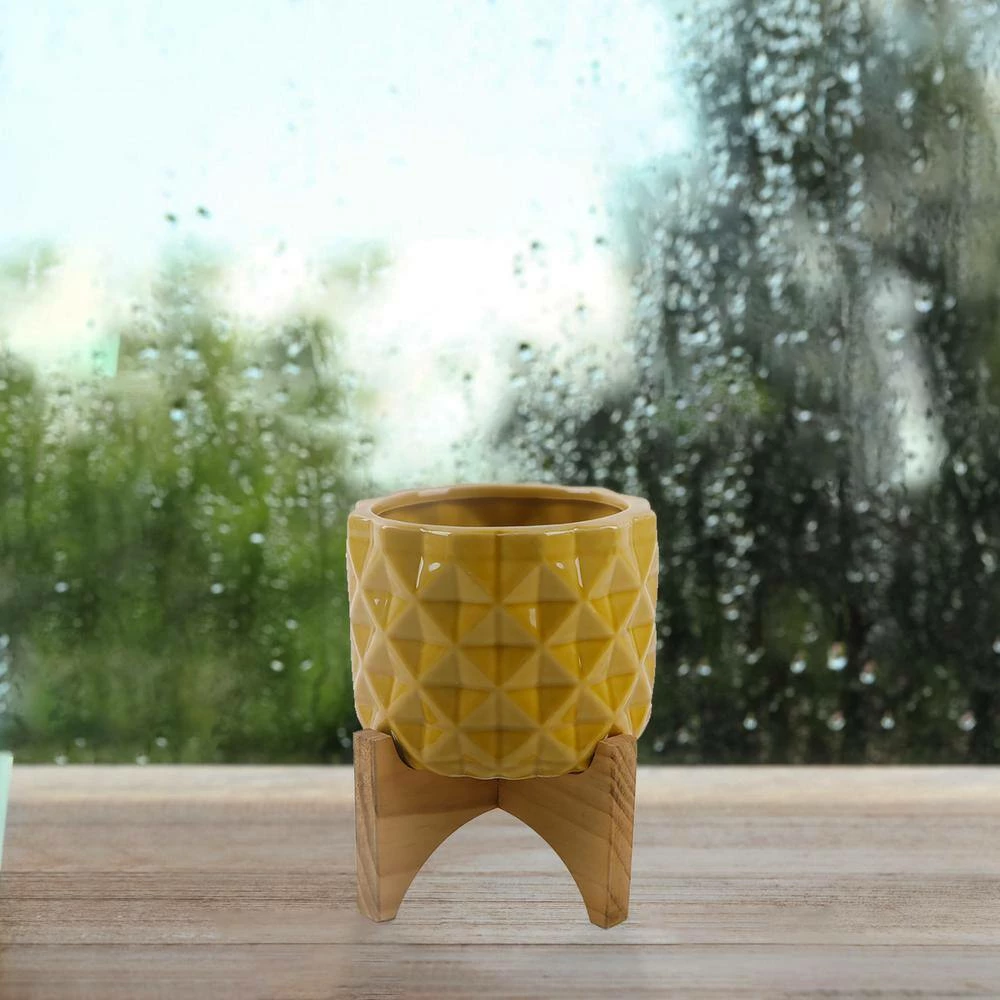 Flora Bunda 5 in. GL Mustard Ceramic Dimple on Wood Stand 5 Flora Bunda 5 in. GL Mustard Ceramic Dimple on Wood Stand - Image 3