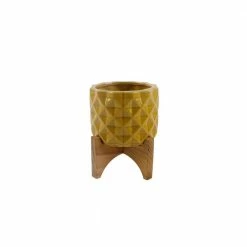 Flora Bunda 5 in. GL Mustard Ceramic Dimple on Wood Stand