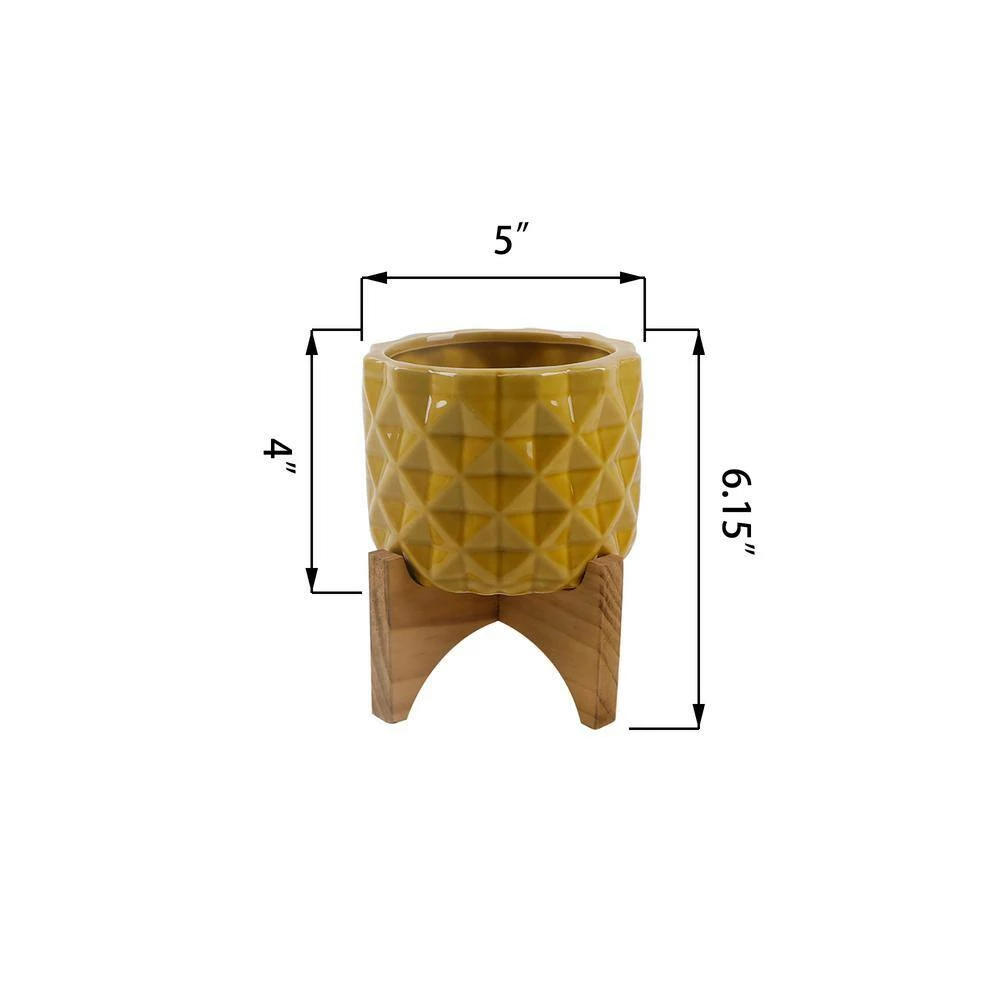 Flora Bunda 5 in. GL Mustard Ceramic Dimple on Wood Stand 4 Flora Bunda 5 in. GL Mustard Ceramic Dimple on Wood Stand - Image 2