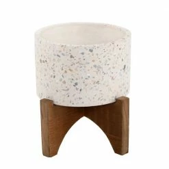 Flora Bunda 5 in. Neutral Concrete Terrazzo Planter on Stand Stoneware Planter