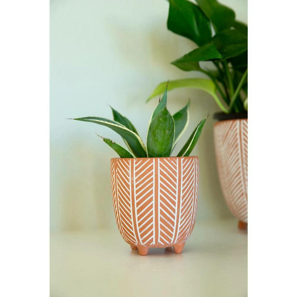 Flora Bunda 6 in. x 4 in. Terracotta Orange Chevron Ceramic Footed Pot (Set of 2) 9 Flora Bunda 6 in. x 4 in. Terracotta Orange Chevron Ceramic Footed Pot (Set of 2) - Image 7