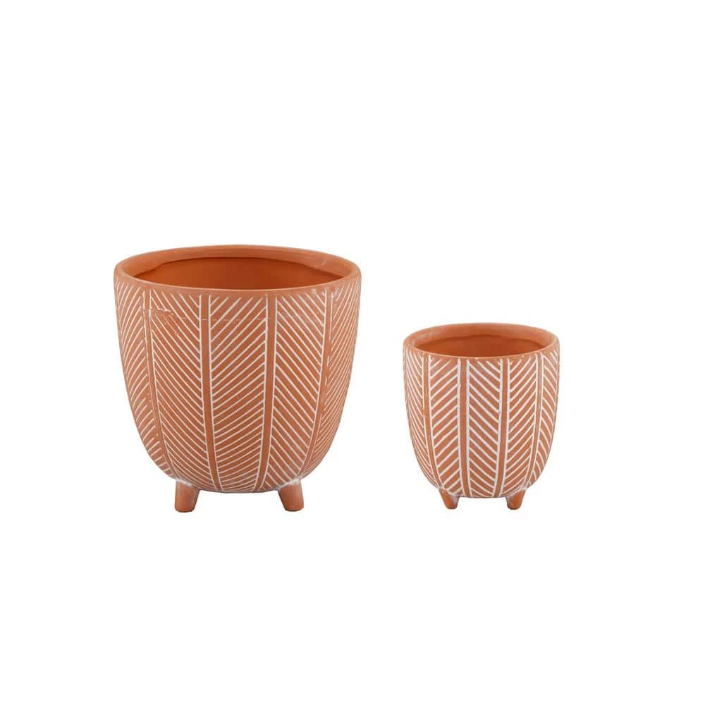 Flora Bunda 6 in. x 4 in. Terracotta Orange Chevron Ceramic Footed Pot (Set of 2) 3 Flora Bunda 6 in. x 4 in. Terracotta Orange Chevron Ceramic Footed Pot (Set of 2)