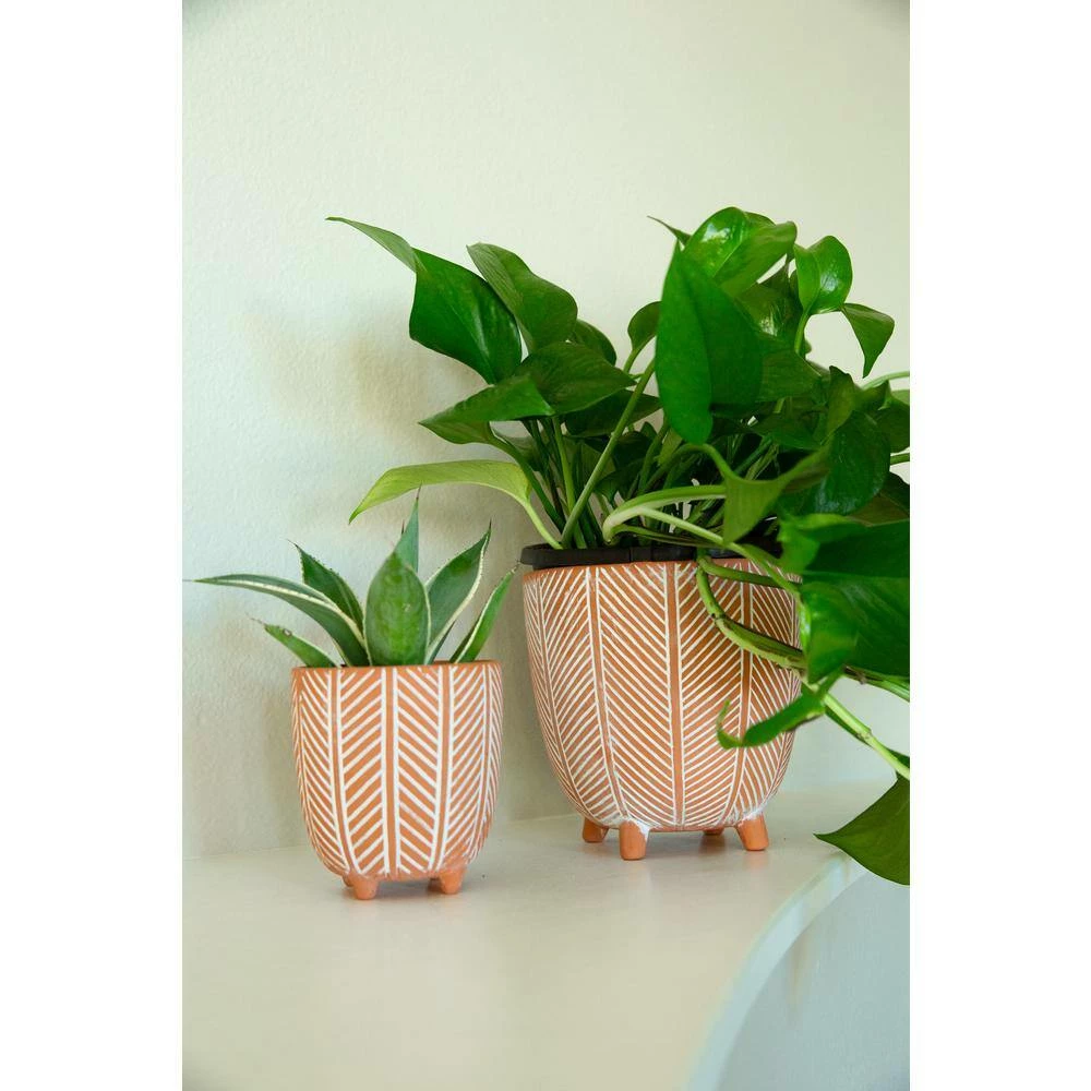 Flora Bunda 6 in. x 4 in. Terracotta Orange Chevron Ceramic Footed Pot (Set of 2) 10 Flora Bunda 6 in. x 4 in. Terracotta Orange Chevron Ceramic Footed Pot (Set of 2) - Image 8