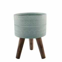 Flora Bunda 10 in. Sage Tribal Fiberglass Planter on Wood Stand