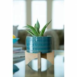 Flora Bunda 5 in. Glass Teal Blue Arrow Ceramic Plant Pot on Wood Stand Mid-Century Planter -US Flora Bunda Sales 2022 teal blue flora bunda plant pots ct872e gstl 1f 1000