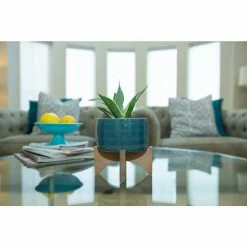Flora Bunda 5 in. Glass Teal Blue Arrow Ceramic Plant Pot on Wood Stand Mid-Century Planter -US Flora Bunda Sales 2022 teal blue flora bunda plant pots ct872e gstl 44 1000