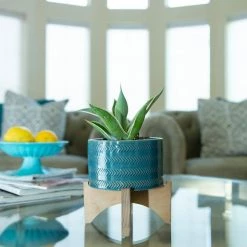 Flora Bunda 5 in. Glass Teal Blue Arrow Ceramic Plant Pot on Wood Stand Mid-Century Planter -US Flora Bunda Sales 2022 teal blue flora bunda plant pots ct872e gstl 4f 1000