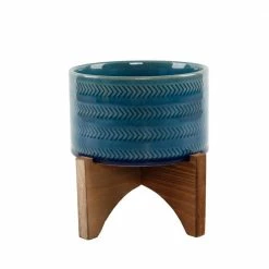 Flora Bunda 5 in. Glass Teal Blue Arrow Ceramic Plant Pot on Wood Stand Mid-Century Planter