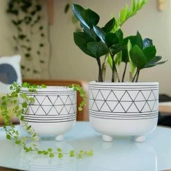 Flora Bunda 6 in. and 5 in. White/Black Ceramic Line Geometric with Legs Mid-Century Planter (Set of 2) -US Flora Bunda Sales 2022 white black flora bunda plant pots ct246e2 blk 4f 1000