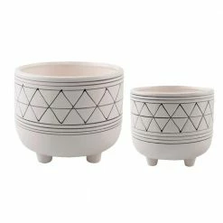 Flora Bunda 6 in. and 5 in. White/Black Ceramic Line Geometric with Legs Mid-Century Planter (Set of 2)