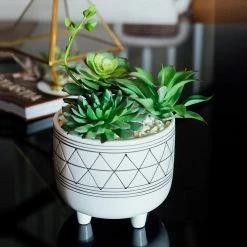 Flora Bunda 6 in. and 5 in. White/Black Ceramic Line Geometric with Legs Mid-Century Planter (Set of 2) -US Flora Bunda Sales 2022 white black flora bunda plant pots ct246e2 blk 77 1000