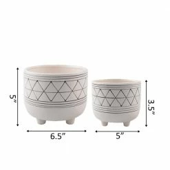 Flora Bunda 6 in. and 5 in. White/Black Ceramic Line Geometric with Legs Mid-Century Planter (Set of 2) -US Flora Bunda Sales 2022 white black flora bunda plant pots ct246e2 blk c3 1000