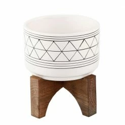 Flora Bunda Mid-Century 7 in. White/Black Line Ceramic Geometric Pot with Wood Stand Planter