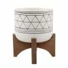 Flora Bunda Mid-Century 5 in. White/Black Line Ceramic Geometric Pot with Wood Stand Planter -US Flora Bunda Sales 2022 white black flora bunda plant pots em1918e blk 64 1000