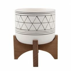 Flora Bunda Mid-Century 5 in. White/Black Line Ceramic Geometric Pot with Wood Stand Planter