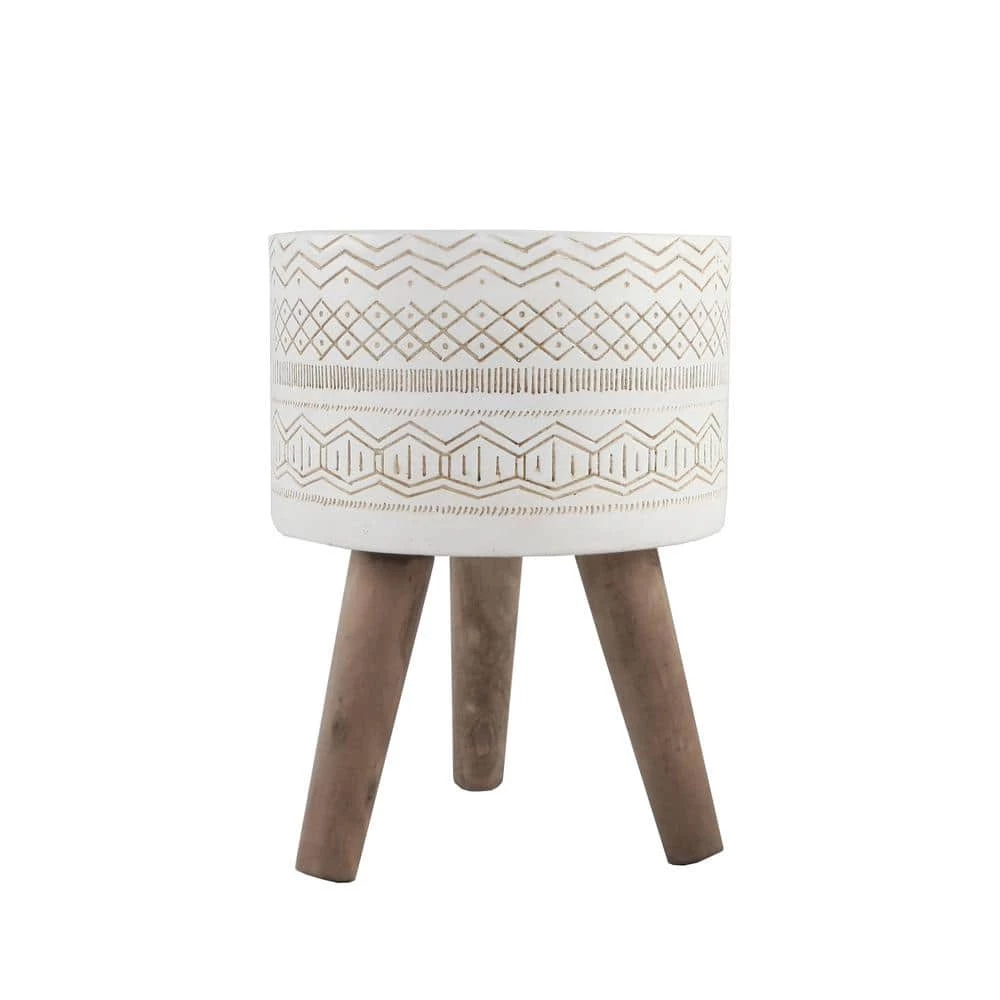 Flora Bunda 10 in. White Tribal Fiberglass Pot with Wood Stand Mid-Century Planter 3 Flora Bunda 10 in. White Tribal Fiberglass Pot with Wood Stand Mid-Century Planter