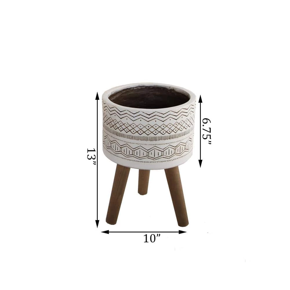 Flora Bunda 10 in. White Tribal Fiberglass Pot with Wood Stand Mid-Century Planter 4 Flora Bunda 10 in. White Tribal Fiberglass Pot with Wood Stand Mid-Century Planter - Image 2