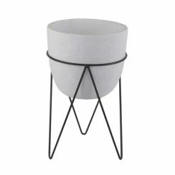 Flora Bunda 12.5 in. H White Cement Concrete Planter on Metal Stand Mid-Century Planter