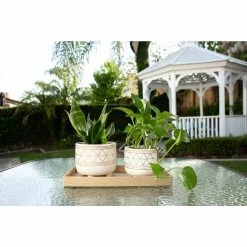 Flora Bunda 6 in. and 5 in. White/Gold Ceramic Line Geometric with Legs Mid-Century Planter (Set of 2) -US Flora Bunda Sales 2022 white gold flora bunda plant pots ct246e2 gd 44 1000