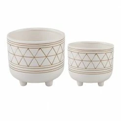 Flora Bunda 6 in. and 5 in. White/Gold Ceramic Line Geometric with Legs Mid-Century Planter (Set of 2)
