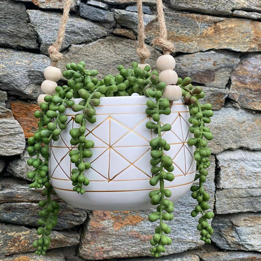 Flora Bunda 6 in. White/Gold Line Geometric Ceramic Hanging Planter with Beads 7 Flora Bunda 6 in. White/Gold Line Geometric Ceramic Hanging Planter with Beads - Image 5