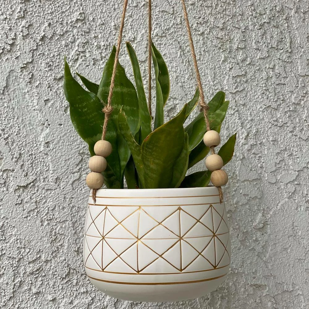 Flora Bunda 6 in. White/Gold Line Geometric Ceramic Hanging Planter with Beads 8 Flora Bunda 6 in. White/Gold Line Geometric Ceramic Hanging Planter with Beads - Image 6