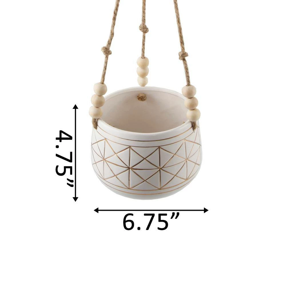 Flora Bunda 6 in. White/Gold Line Geometric Ceramic Hanging Planter with Beads 5 Flora Bunda 6 in. White/Gold Line Geometric Ceramic Hanging Planter with Beads - Image 3