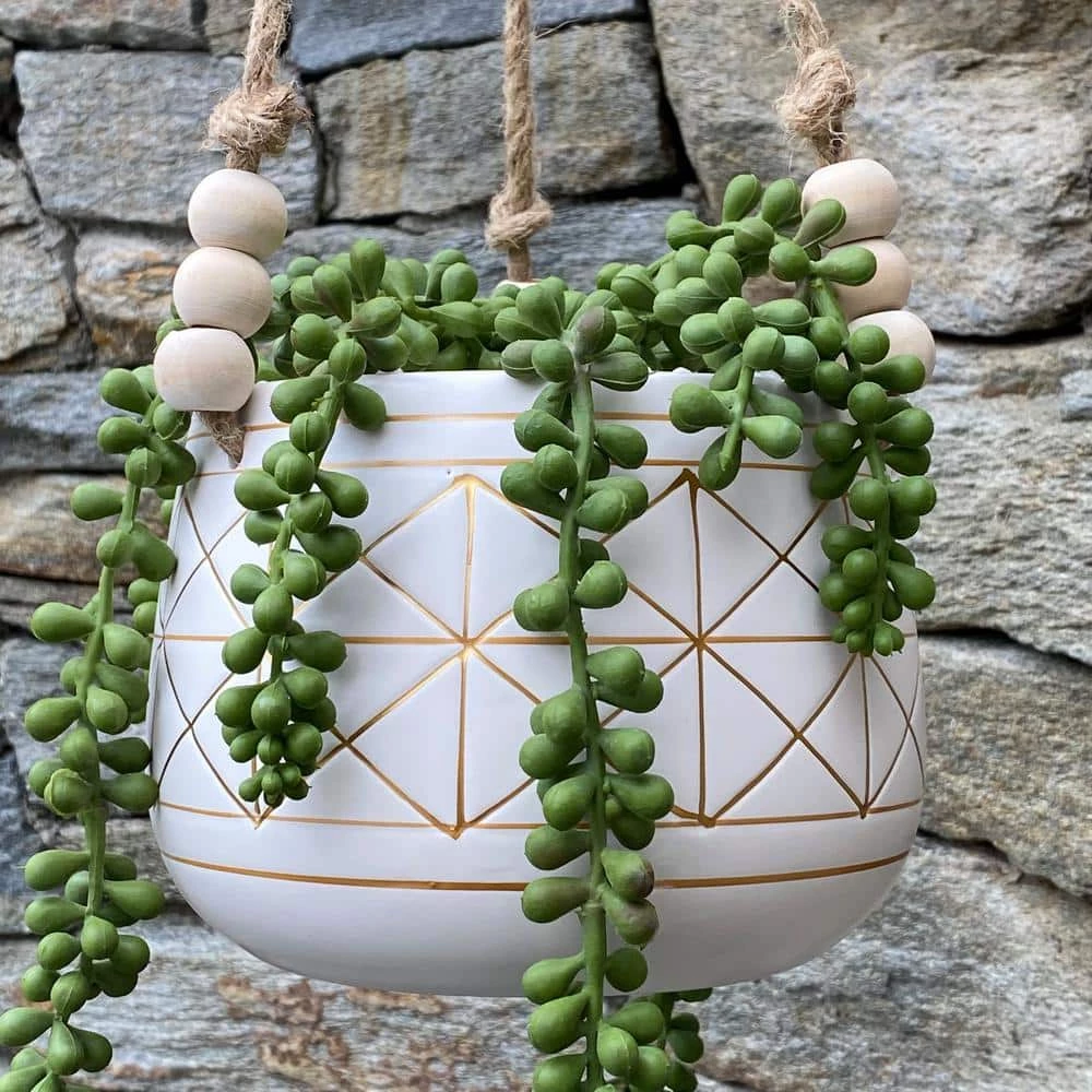 Flora Bunda 6 in. White/Gold Line Geometric Ceramic Hanging Planter with Beads 6 Flora Bunda 6 in. White/Gold Line Geometric Ceramic Hanging Planter with Beads - Image 4
