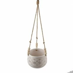 Flora Bunda 6 in. White/Gold Line Geometric Ceramic Hanging Planter with Beads