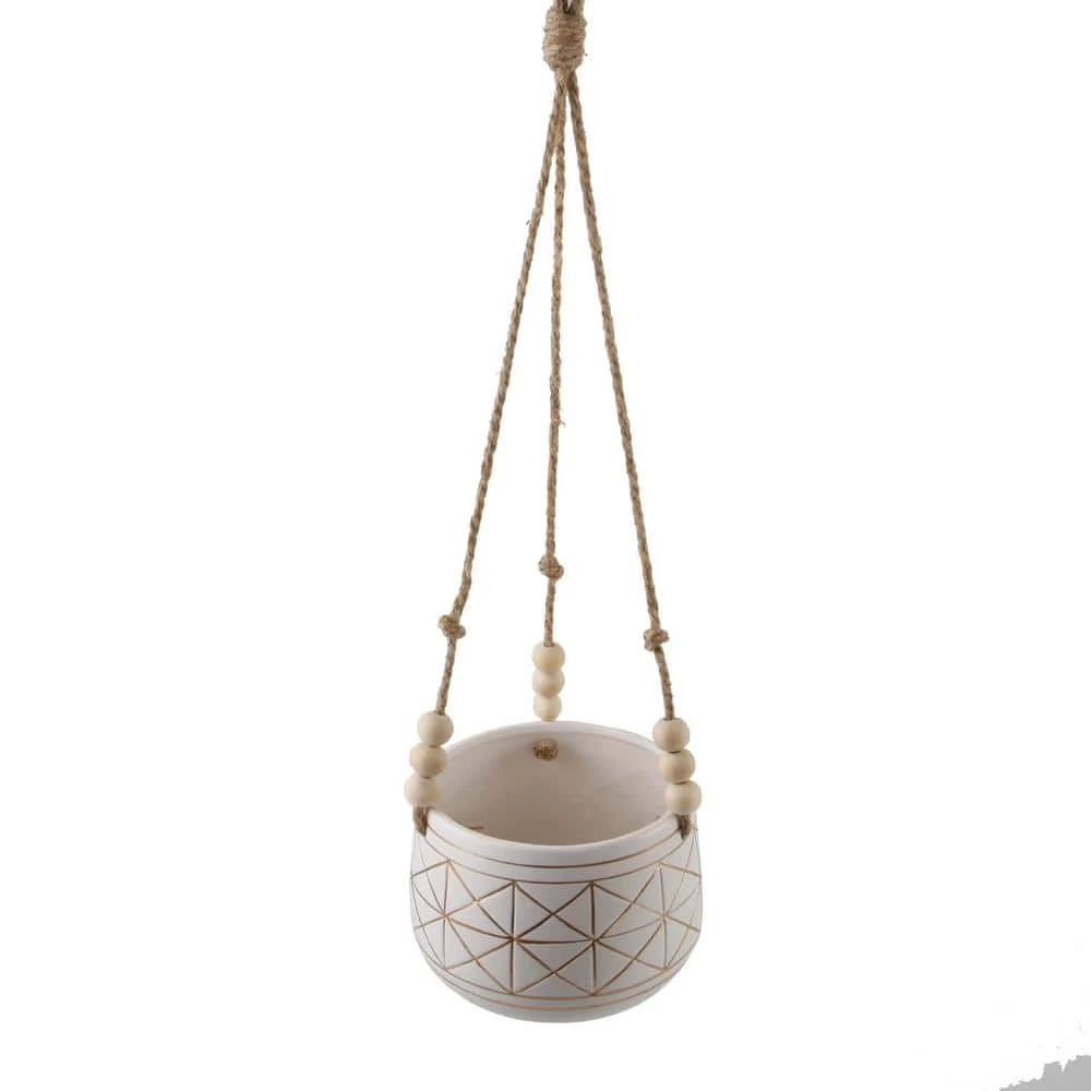 Flora Bunda 6 in. White/Gold Line Geometric Ceramic Hanging Planter with Beads 3 Flora Bunda 6 in. White/Gold Line Geometric Ceramic Hanging Planter with Beads