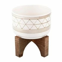 Flora Bunda Mid-Century 7 in. White/Gold Line Ceramic Geometric Pot with Wood Stand Planter