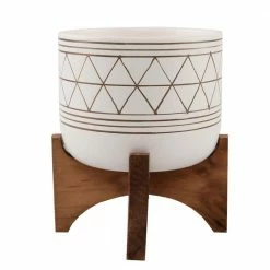Flora Bunda Mid-Century 5 in. White/Gold Line Ceramic Geometric Pot with Wood Stand Planter